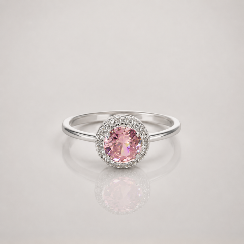 Anel Solitário Luxo em Prata 925 com Pedra Rosa e Halo de Zircônias