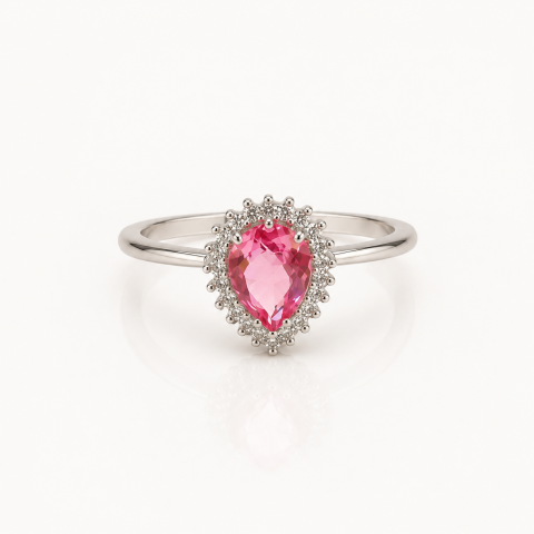 Anel Gota Rosa Imperial em Prata 925 com Halo de Brilho