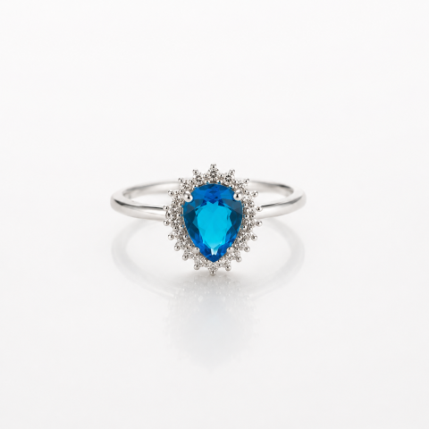 Anel Gota Azul Safira Imperial em Prata 925 com Halo de Cristais