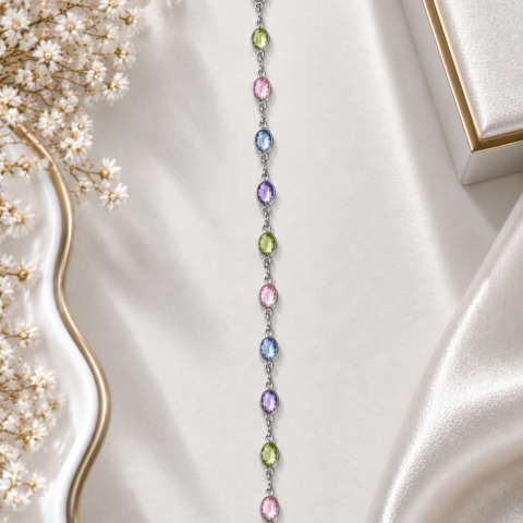Pulseira Prata Colorida com Pedras Ovais – Elegância e Sofisticação