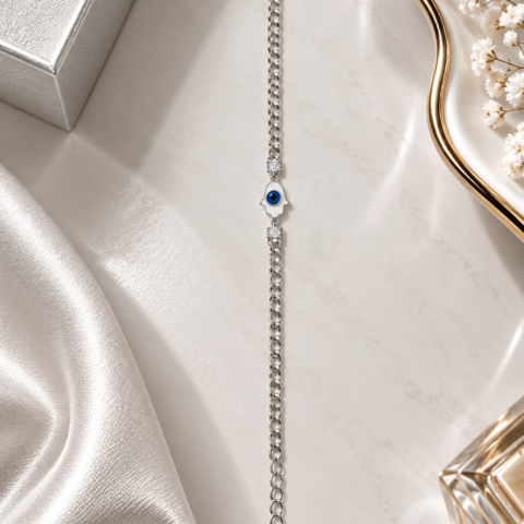 Pulseira Prata com Mão de Fátima e Olho Grego Azul