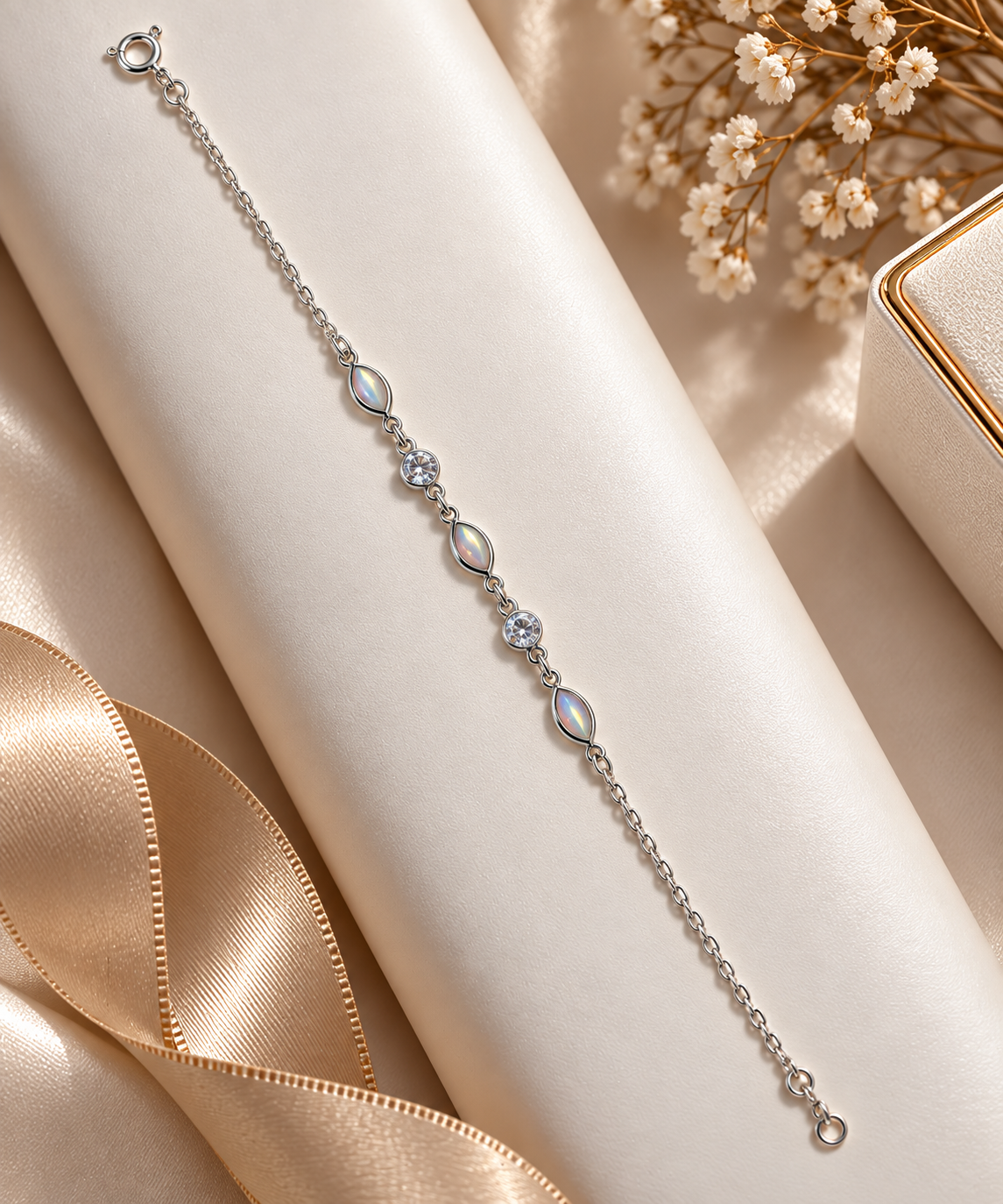 Pulseira Prata 925 com Pedras Opalescentes