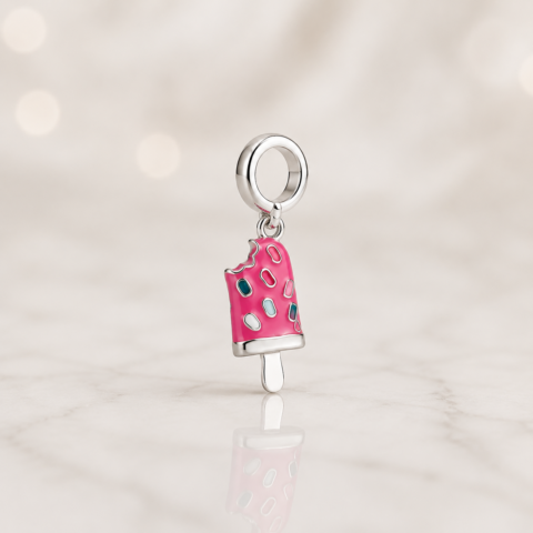 Berloque Picolé Rosa com Esmaltação Colorida em Prata 925
