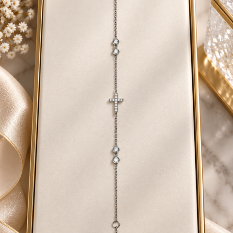 Pulseira de Mão com Moissanite e Cruz
