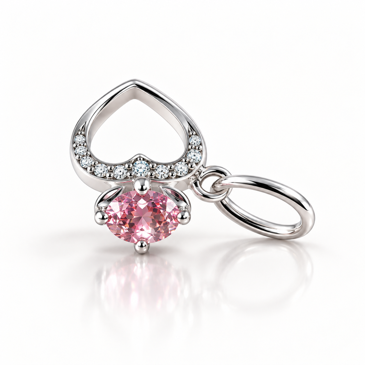 Berloque Coração com Gema Rosa em Prata 925 – Pingente Charm Elegance