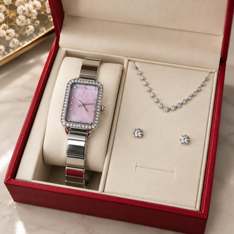 Kit Relógio Feminino Prata com Colar e Brincos