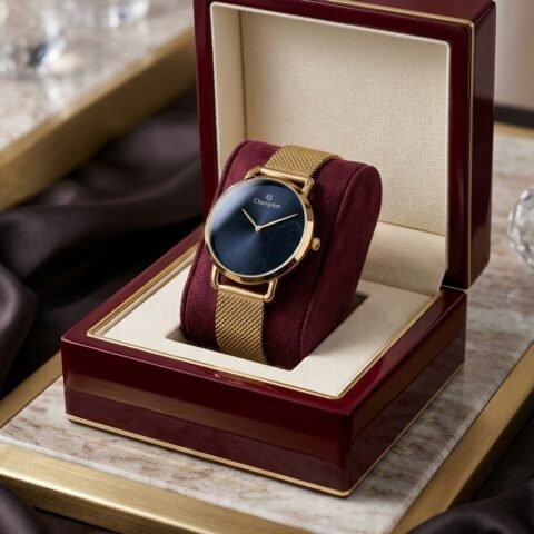 Relógio Feminino Dourado Champion Pulseira Mesh com Mostrador Azul Escuro