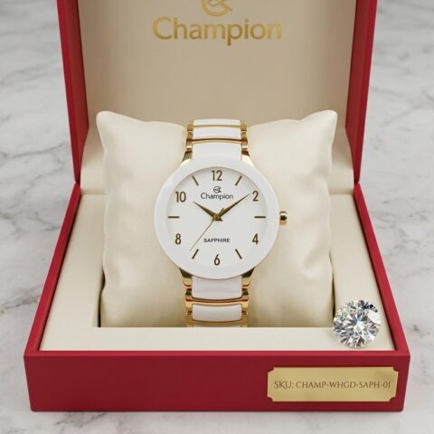 Relógio Feminino Champion Cerâmica Branca e Dourado com Vidro de Safira – CS28512Q