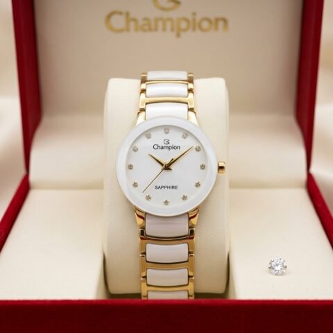 Relógio Feminino Champion Cerâmica Branca e Dourado com Cristais e Vidro de Safira – CS28512H