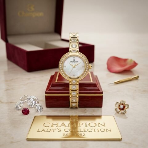 Relógio Feminino Dourado de Luxo com Pulseira e Bisel Cravejados – Champion