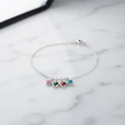 Pulseira de Prata 925 com Pingentes de Corações Coloridos